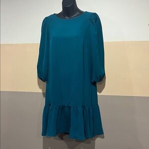 🩵 DKNY Teal Ruffle Hem Long Sleeve Dress Women’s Size 8